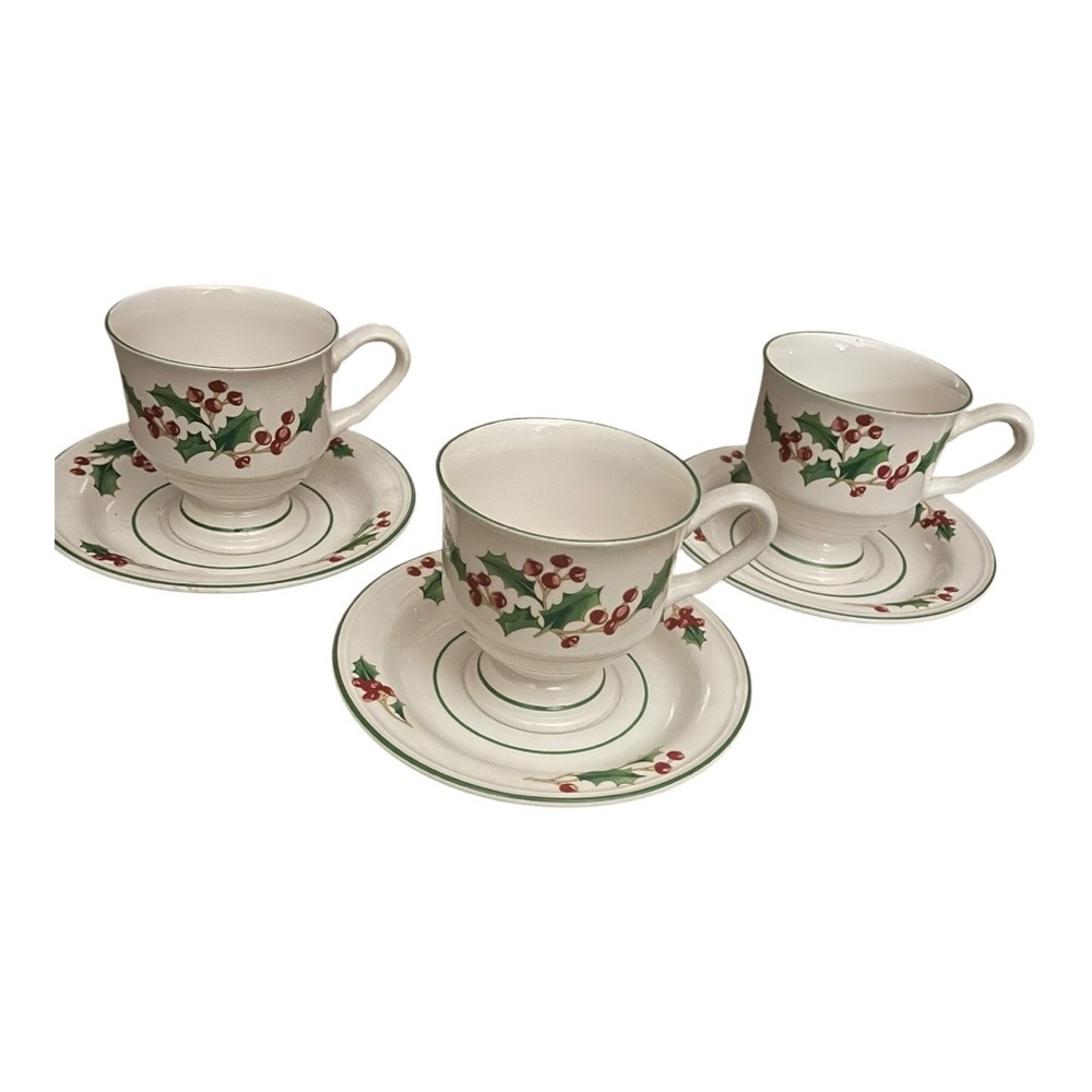Sango White Christmas Footed Cup & Saucer Set of 3